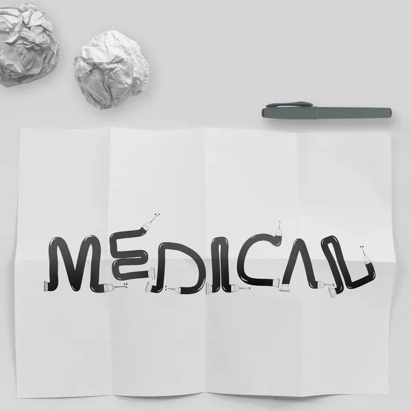 白いしわくちゃの紙と質感れたら医療設計言葉 — ストック写真