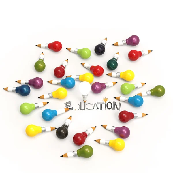 Ołówek żarówka 3d i projektowania słowo edukacji jako koncepcja — Zdjęcie stockowe