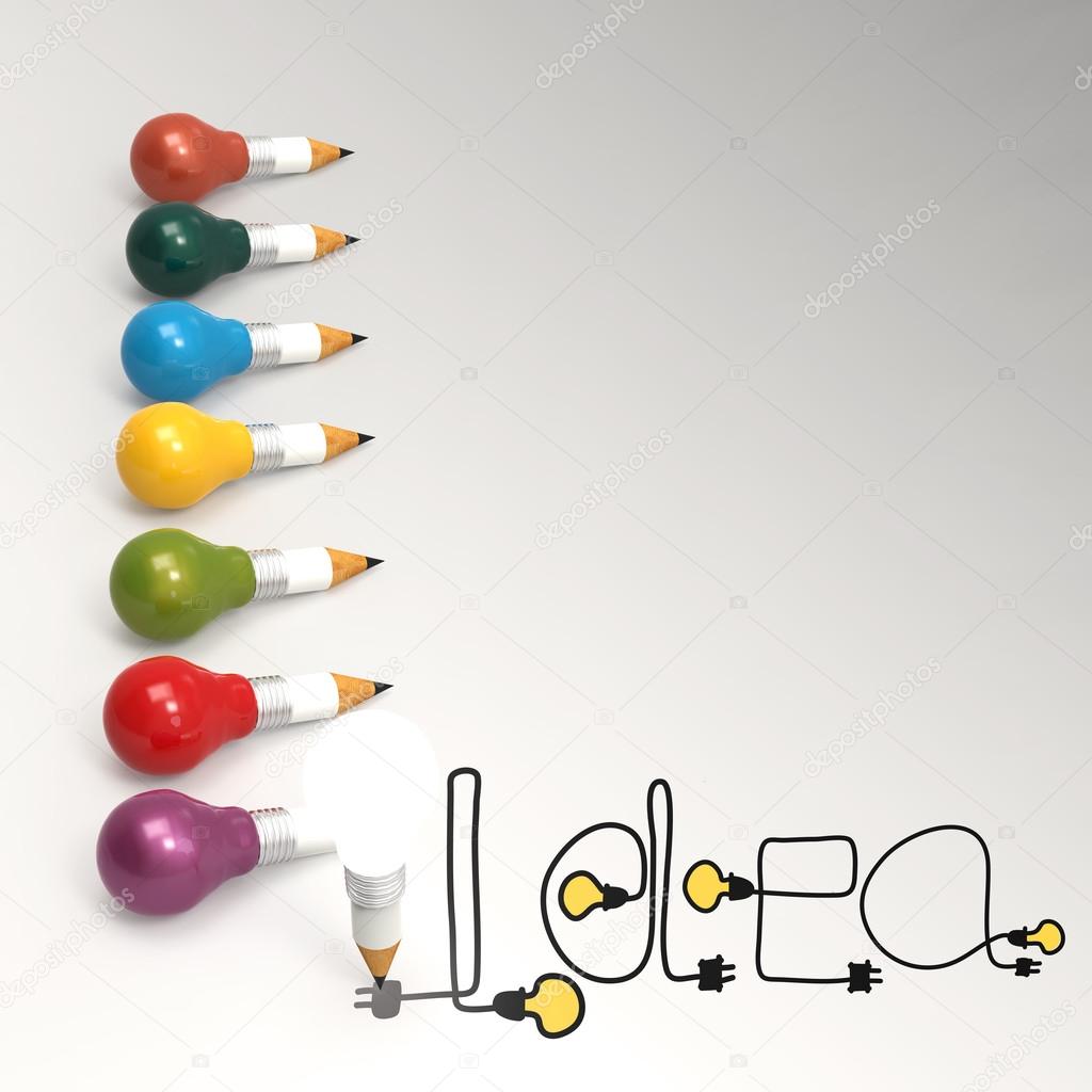 pencil lightbulb 3d and design word idea as concept 