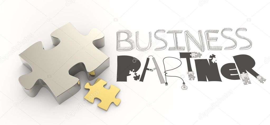 hand drawn graphic word BUSINESS PARTNER and 3d puzzle as concep