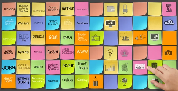 Hand drawn words icons of business strategy on sticky note as co — Stock Photo, Image