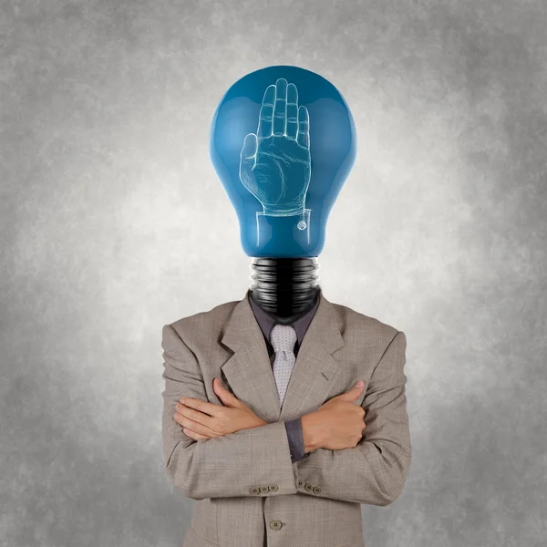 Businessman with lamp-head  and hand rised sign as concept — Stock Photo, Image