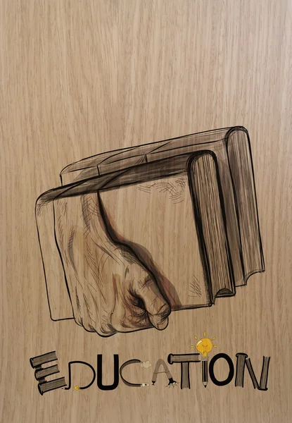 Mano disegnata di mani che tengono i libri su sfondo di legno come crea — Foto Stock