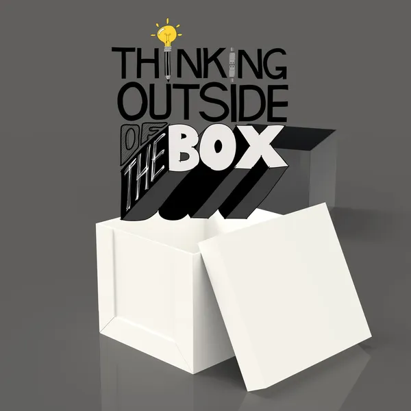 Otwórz pudełko 3d i projektowania słowo myślenia poza pole jako conce — Zdjęcie stockowe