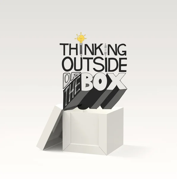 Откройте окно 3d и дизайн слово думать вне коробки как conce — стоковое фото