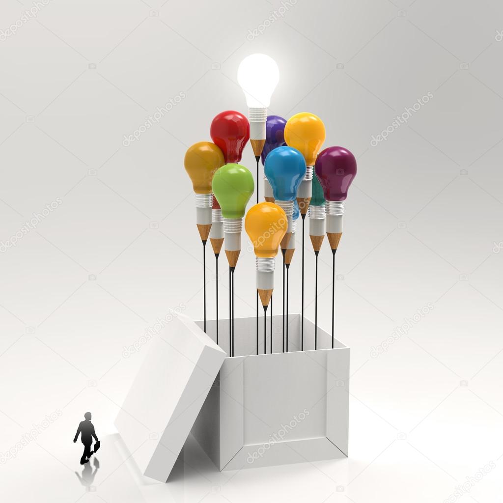businessman  walking to 3d pencil and light bulb concept outside