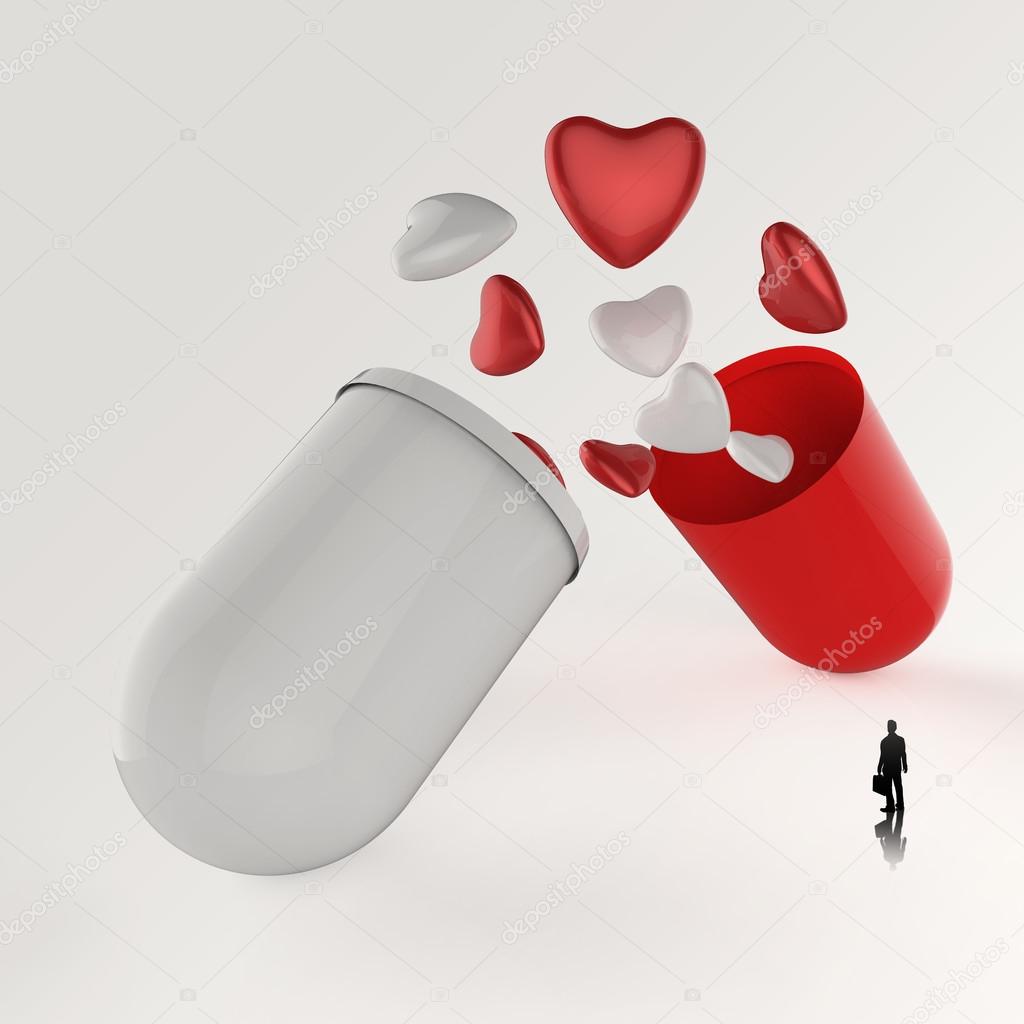 businessman looking at 3d multiple hearts inside capsule pill as