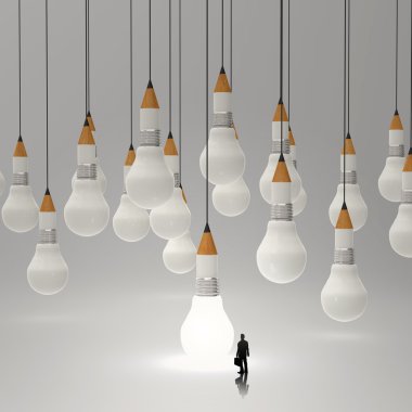 3D ve ampul kalem kavramı yaratıcı arıyor işadamı