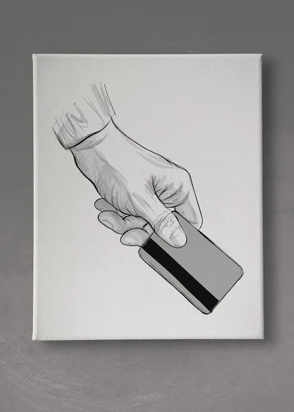 Hand drawn hand holding up credit card on canvas board as concep — Stock Photo, Image