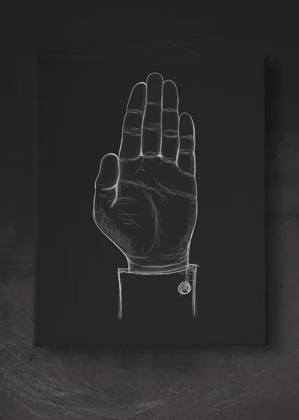Ручной поднятый знак рисования на темной доске холста как концепция — стоковое фото