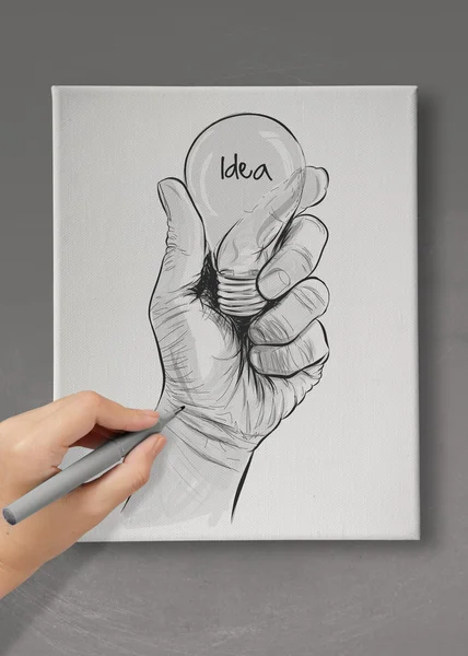 Hand getrokken gloeilamp met idee woord op doek bord als concept — Stockfoto