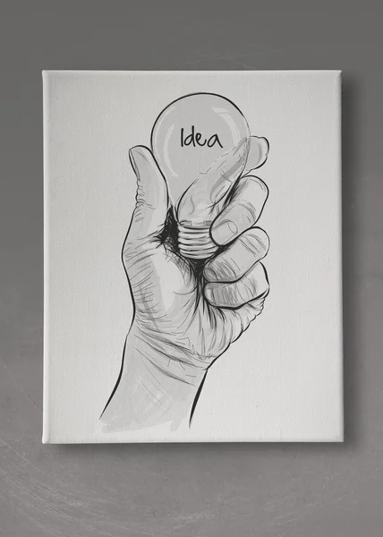 Hand drawn light bulb with IDEA word on canvas board as concept — Stock Photo, Image