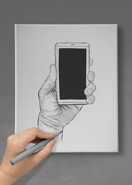 Hand drawn hands with mobile phone as concept — Stock Photo, Image