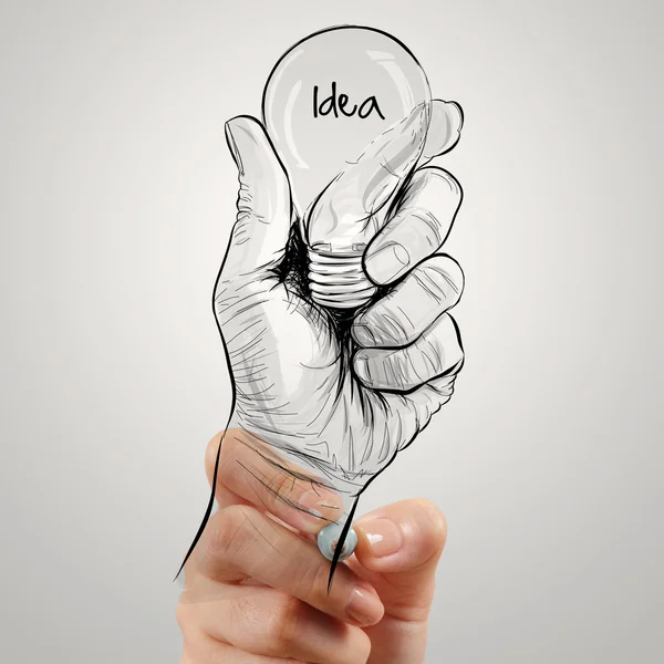 Hand getekend gloeilamp met idee woord op wit bord als concept — Stockfoto