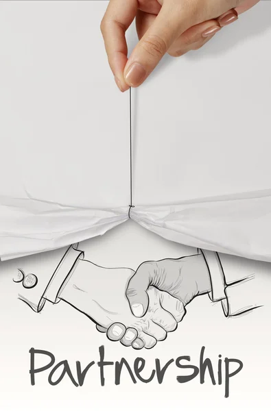 Ručně tažené handshake znamení jako obchodní koncept partnerství — Stock fotografie