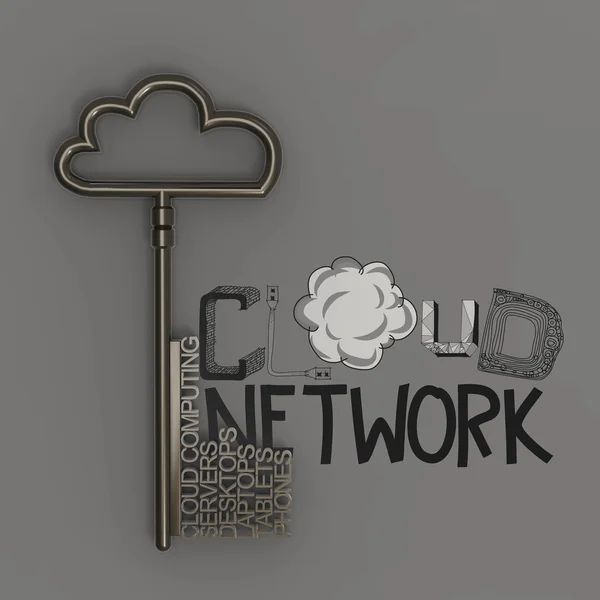 Design word CLOUD NETWORK  with metallic cloud and the key as co — Stock Photo, Image