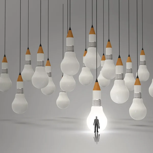 Businessman standing out of  3d pencil and light bulb concept cr — Stock Photo, Image