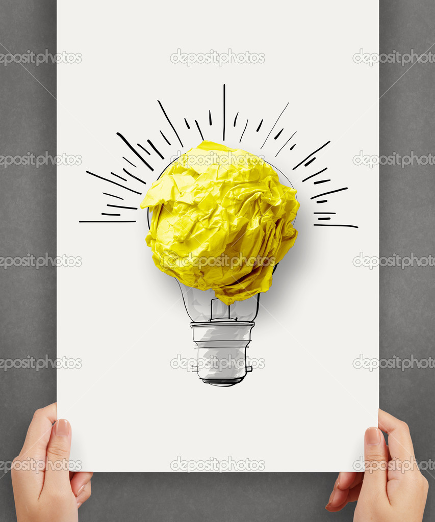 hand drawn light bulb with crumpled paper ball on paper poster a