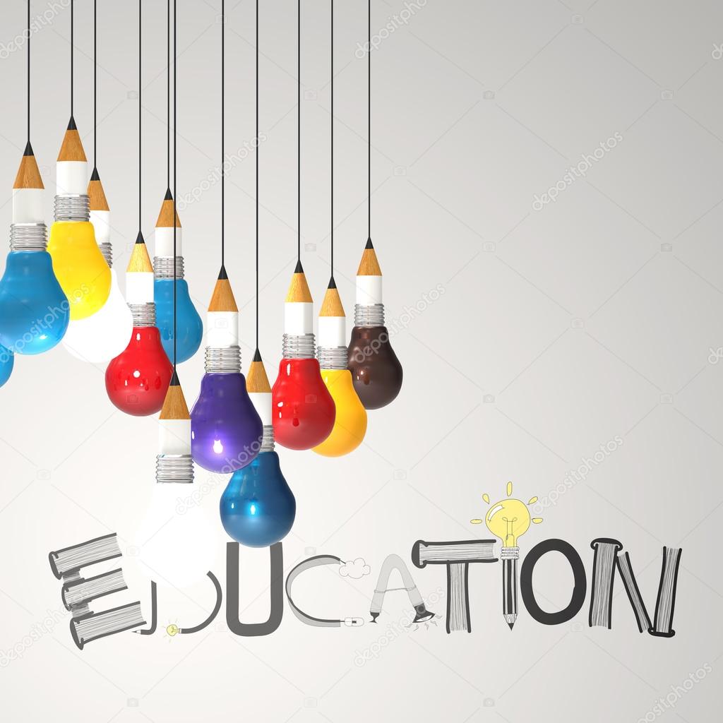 pencil lightbulb 3d and design word EDUCATION as concept 
