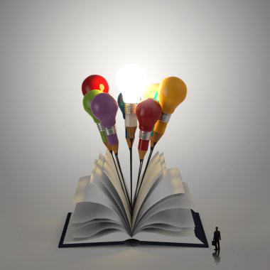 kitap kalem ampul 3d ve iş adamı ile konsept olarak açın. 