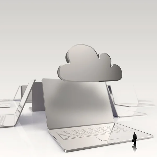 Zakenman kijken naar cloud computing-3d teken op laptop compute — Stockfoto