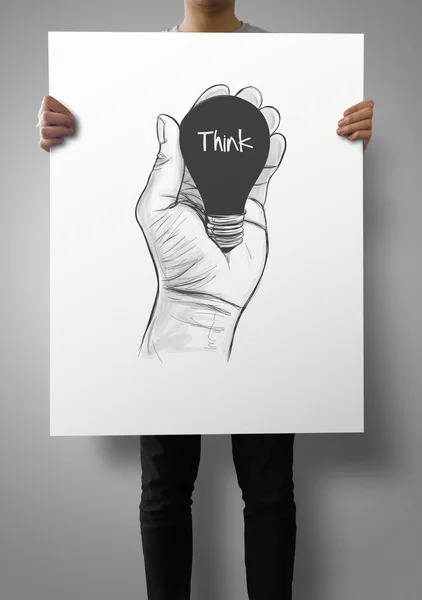 हाथ से तैयार प्रकाश बल्ब का पोस्टर दिखाने वाला आदमी सी पर शब्द के साथ — स्टॉक फ़ोटो, इमेज