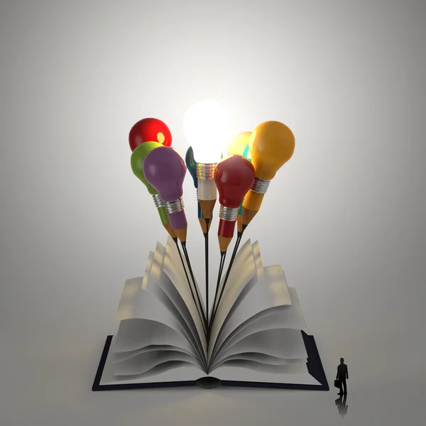 Open boek met potlood gloeilamp 3d en zakelijke man als concept — Stockfoto