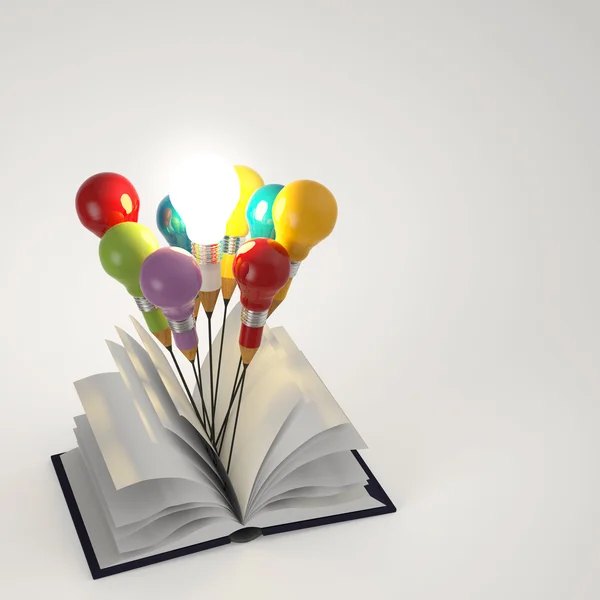 Livro aberto com lâmpada de lápis 3d como conceito — Fotografia de Stock