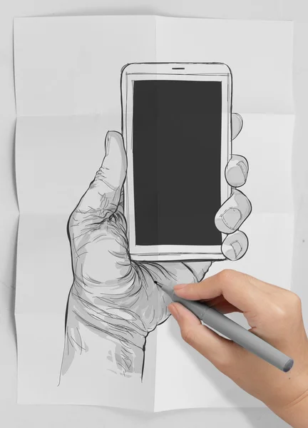 Hand getrokken handen met mobiele telefoon als concept — Stockfoto