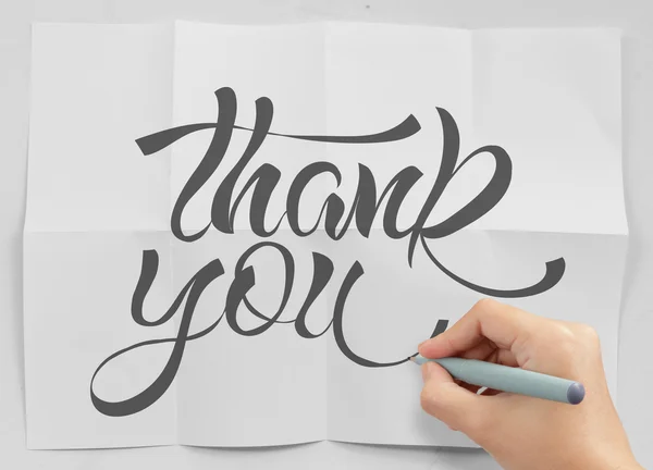 Geschäftsmann Hand zeigen Design Wort Danke auf zerknülltem Papier als — Stockfoto