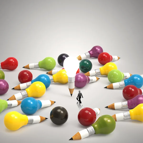 創造的な 3 d 鉛筆と電球のコンセプトを見て実業家 — ストック写真