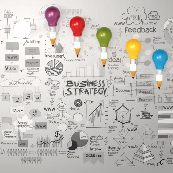 Bombilla de lápiz 3d con diagrama de estrategia de negocio dibujado a mano —  Fotos de Stock