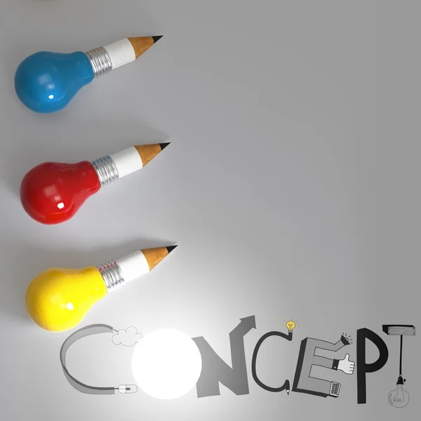 Карандашная лампочка 3d и слово дизайна CONCEPT как концепция — стоковое фото