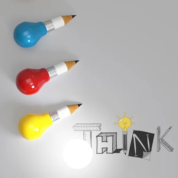 Lâmpada de lápis 3d e palavra de design PENSAR como conceito — Fotografia de Stock