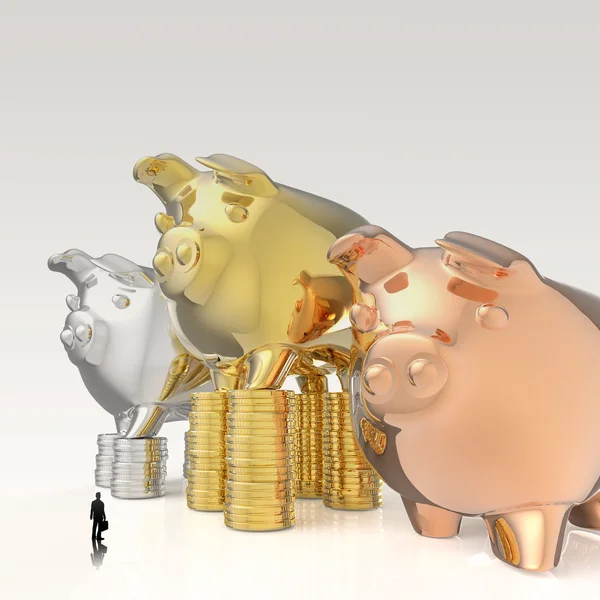 Businessman looking at 3d piggy bank standing on coins as concep — Stock Photo, Image