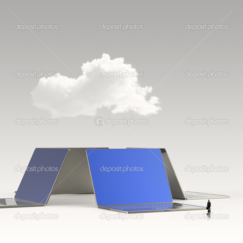 businessman looking at Cloud computing 3d sign on laptop compute