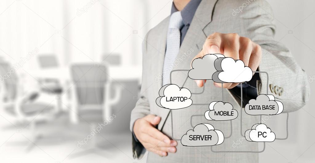 businessman hand drawing  Cloud network diagram on the new compu