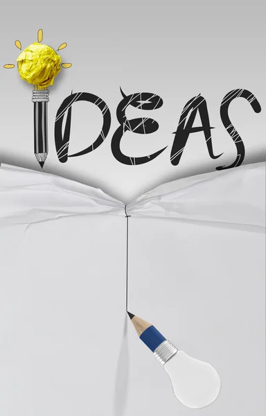 Pencil lightbulb 3D draw rope open wrinkled paper show graphic d — Stock Photo, Image