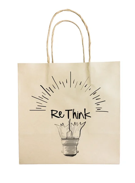 Bombilla de luz dibujada a mano con bolsa de reciclaje de papel de palabra RETHINK en whi —  Fotos de Stock