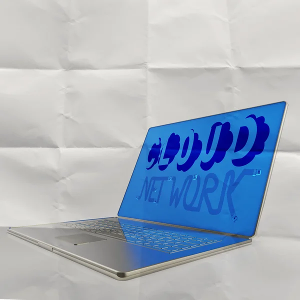 Hand getekend wolk netwerk op 3d computer laptop op verfrommeld papier — Stockfoto