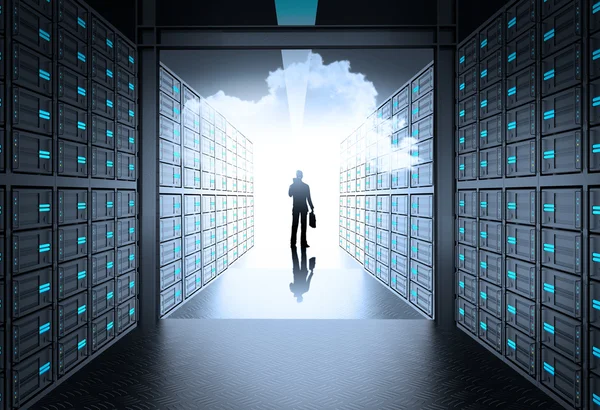Engineer business man in 3d network server room as concept — Stock Photo, Image