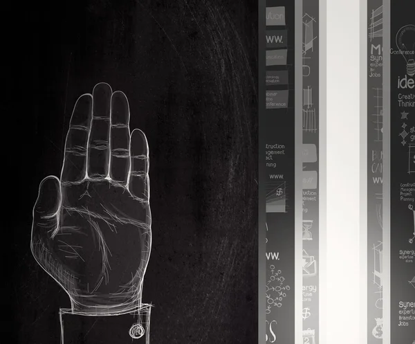 Hand angehobenes Zeichenschild an dunkler Wand als Konzept — Stockfoto