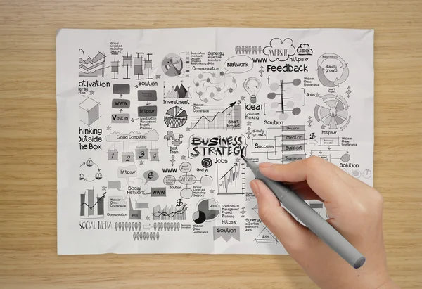 Estrategia empresarial dibujada a mano sobre papel arrugado y respaldo de madera — Foto de Stock