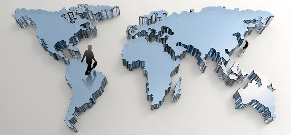 Geschäftsmann zu Fuß zum sozialen Netzwerk menschlichen 3d auf der Weltkarte als c — Stockfoto