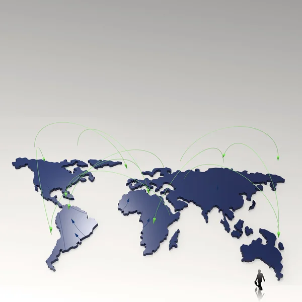 Uomo d'affari a piedi verso il social network umano 3d sulla mappa del mondo come c — Foto Stock
