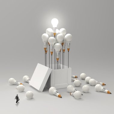 3d ve ampul kalem kavramı dışında bakarak işadamı 