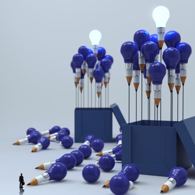 3d ve ampul kalem kavramı dışında bakarak işadamı 