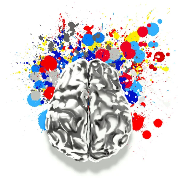 Creatividad 3d metal cerebro humano con salpicaduras de colores de fondo como — Foto de Stock