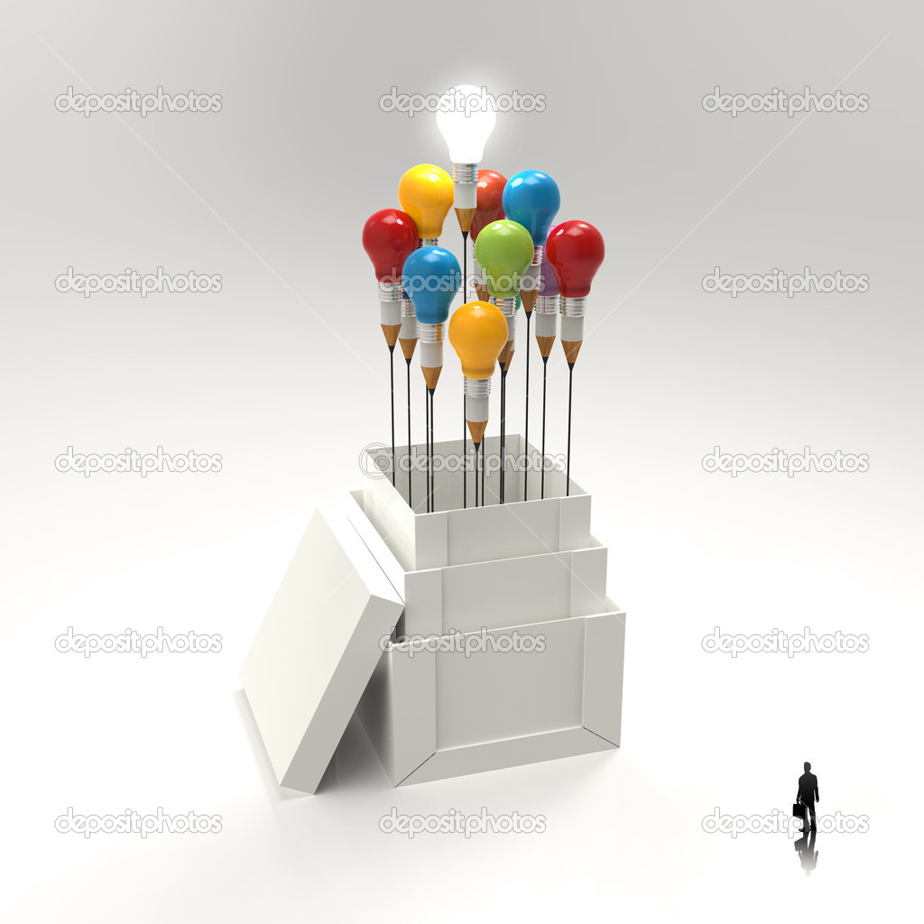 businessman looking at 3d pencil and light bulb concept outside 
