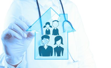 Tıp doktoru el çizim aile sağlık simgesi kavram olarak 